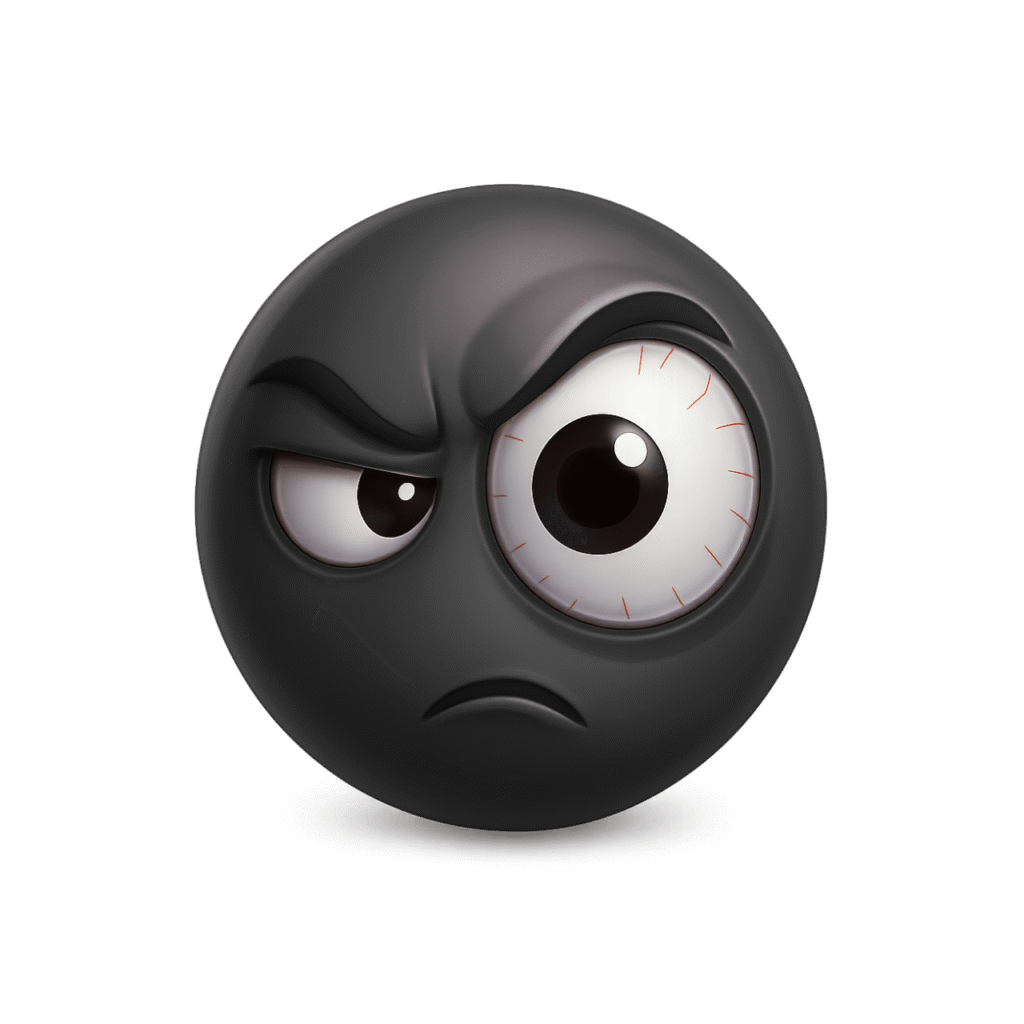 3D suspicious black emoji with wide bloodshot eye, frowning face, glossy surface, and intense mistrustful expression
