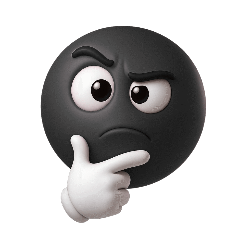 Black 3D Thinking Emoji with White Glove Hand on Chin and Raised Eyebrows PNG Transparent