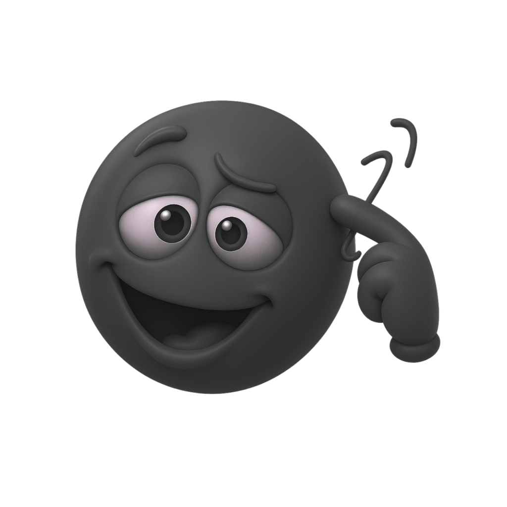 Black and white 3D dumb emoji with crossed eyes, tilted head, smirking face, and twirling finger gesture on transparent background.
