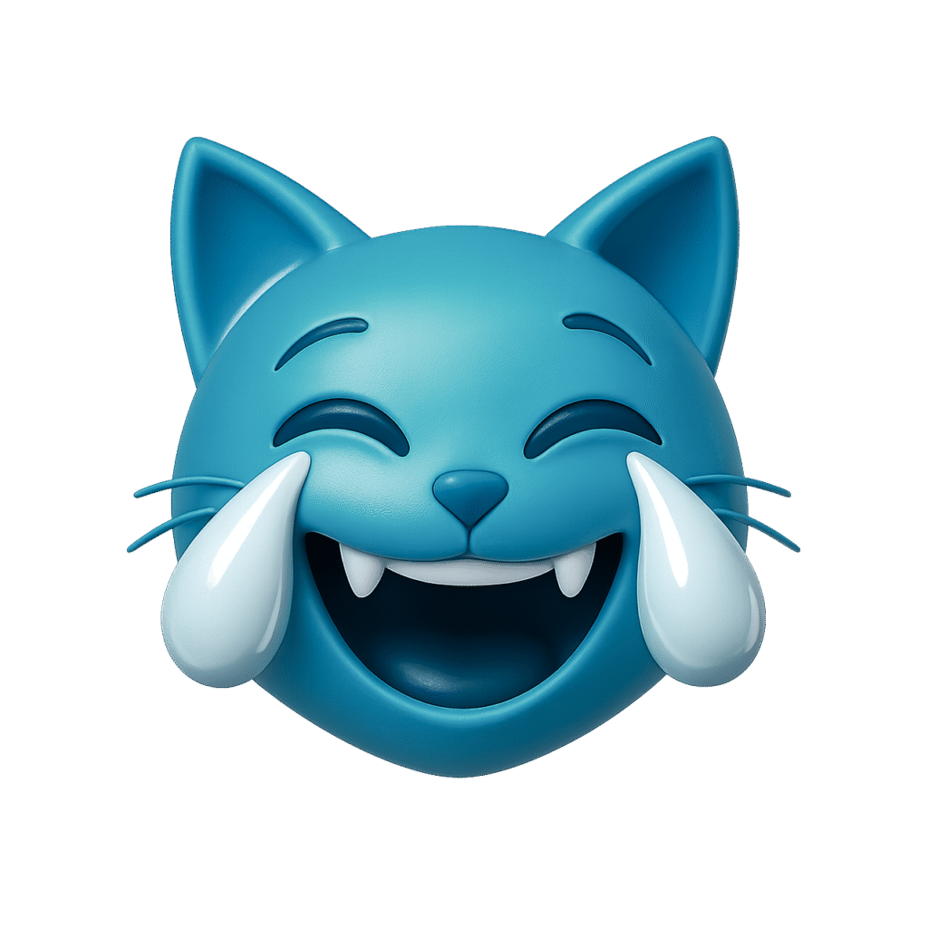 3D blue cat emoji laughing with tears, open mouth with visible fangs, joyful feline expression on transparent background.