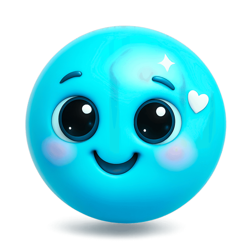 Cute blue 3D emoji with big glossy eyes, heart and sparkle icon &ndash; adorable smiley face on transparent background