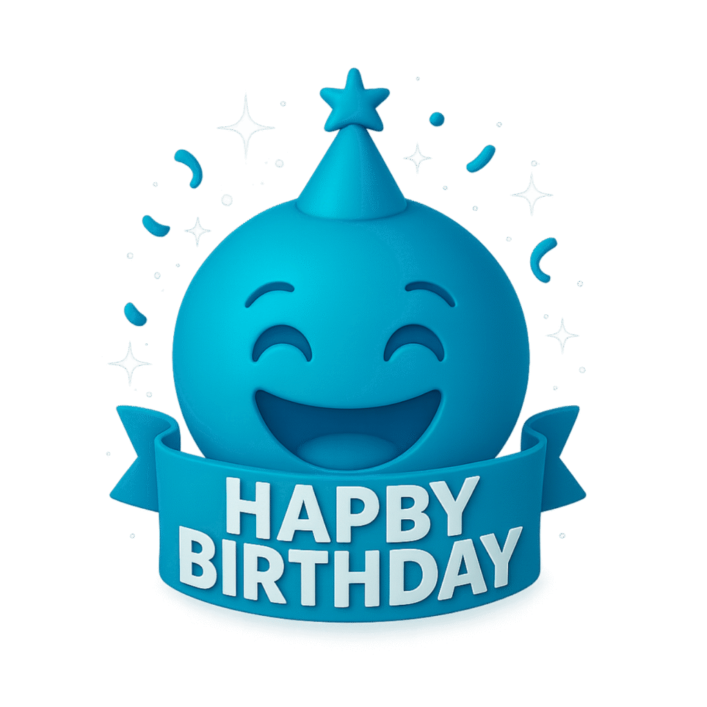 Vibrant blue 3D birthday emoji with party hat, smiling face, festive ribbon reading “Happy Birthday,” and sparkles around