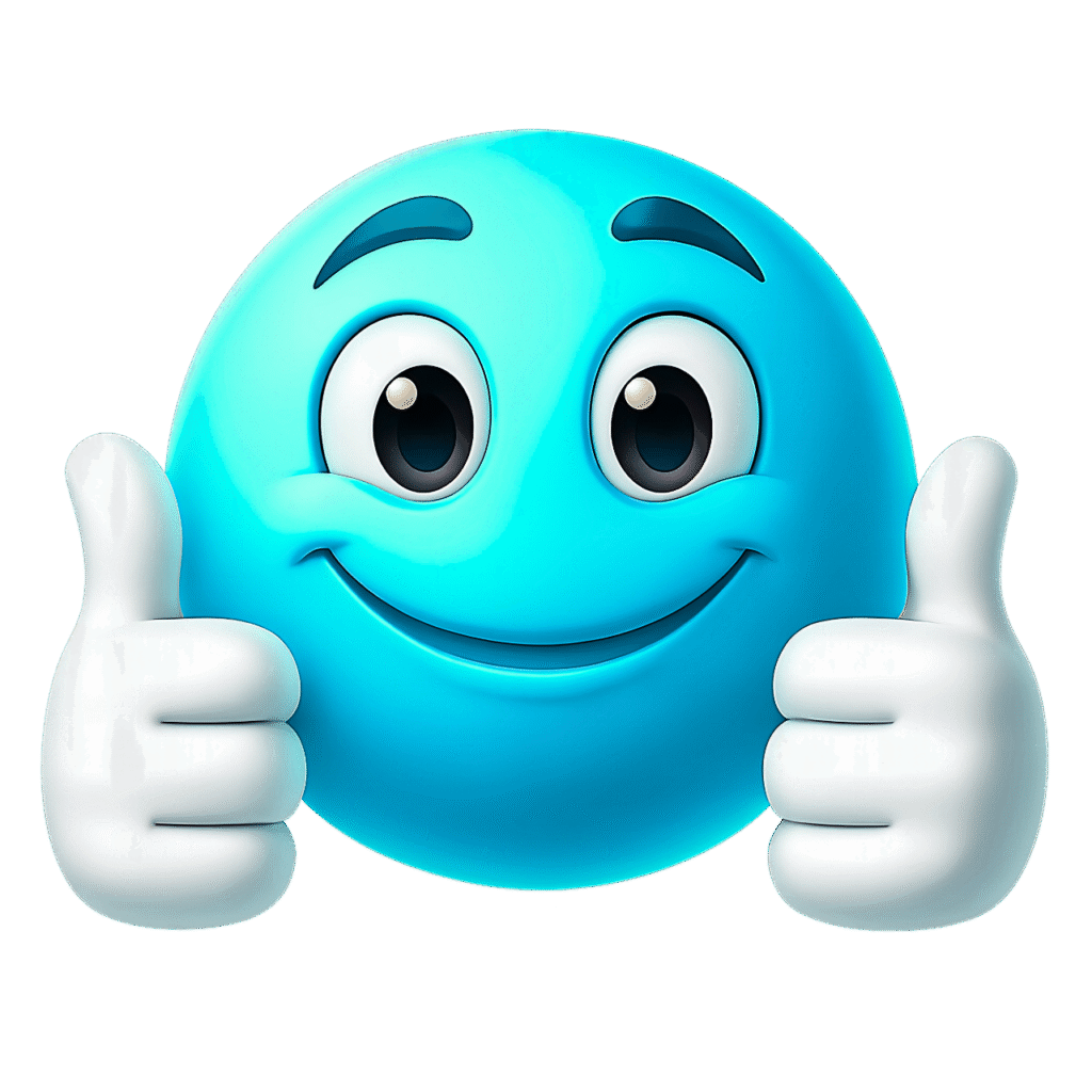 Blue 3D smiley face emoji with big eyes and both thumbs up, glossy finish, cheerful expression, white hands on transparent background