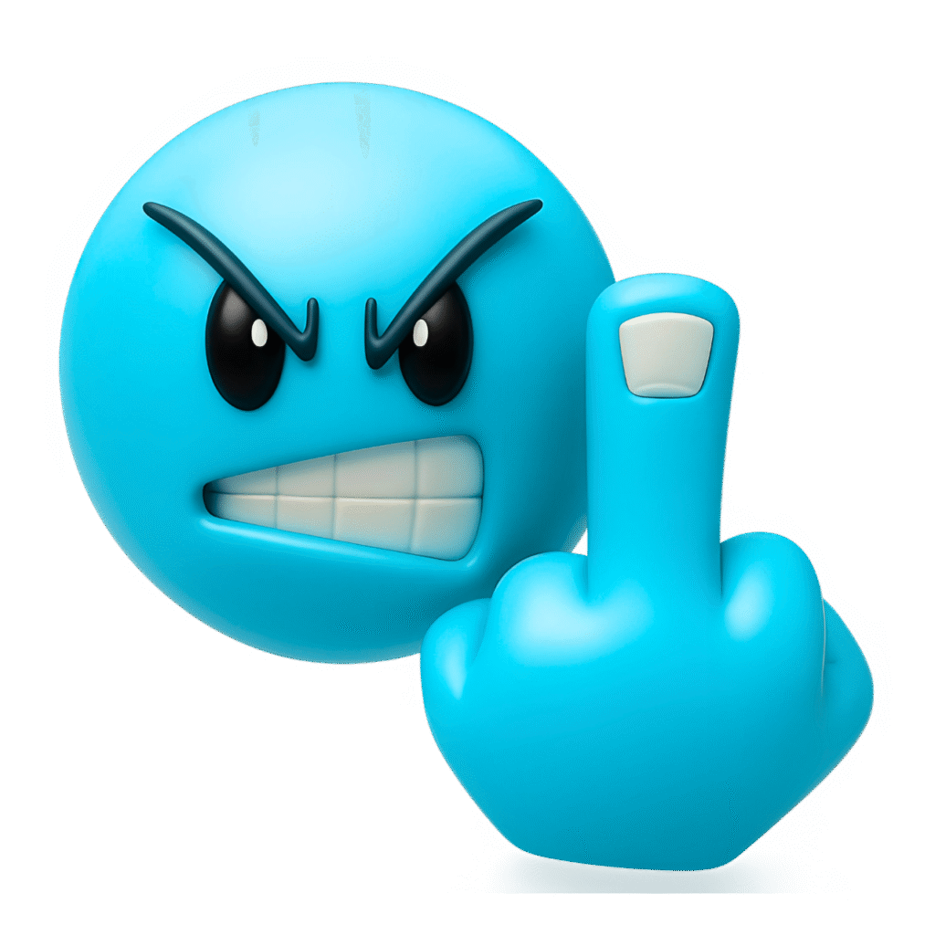 Blue 3D angry emoji showing middle finger with gritted teeth and furious expression on transparent background