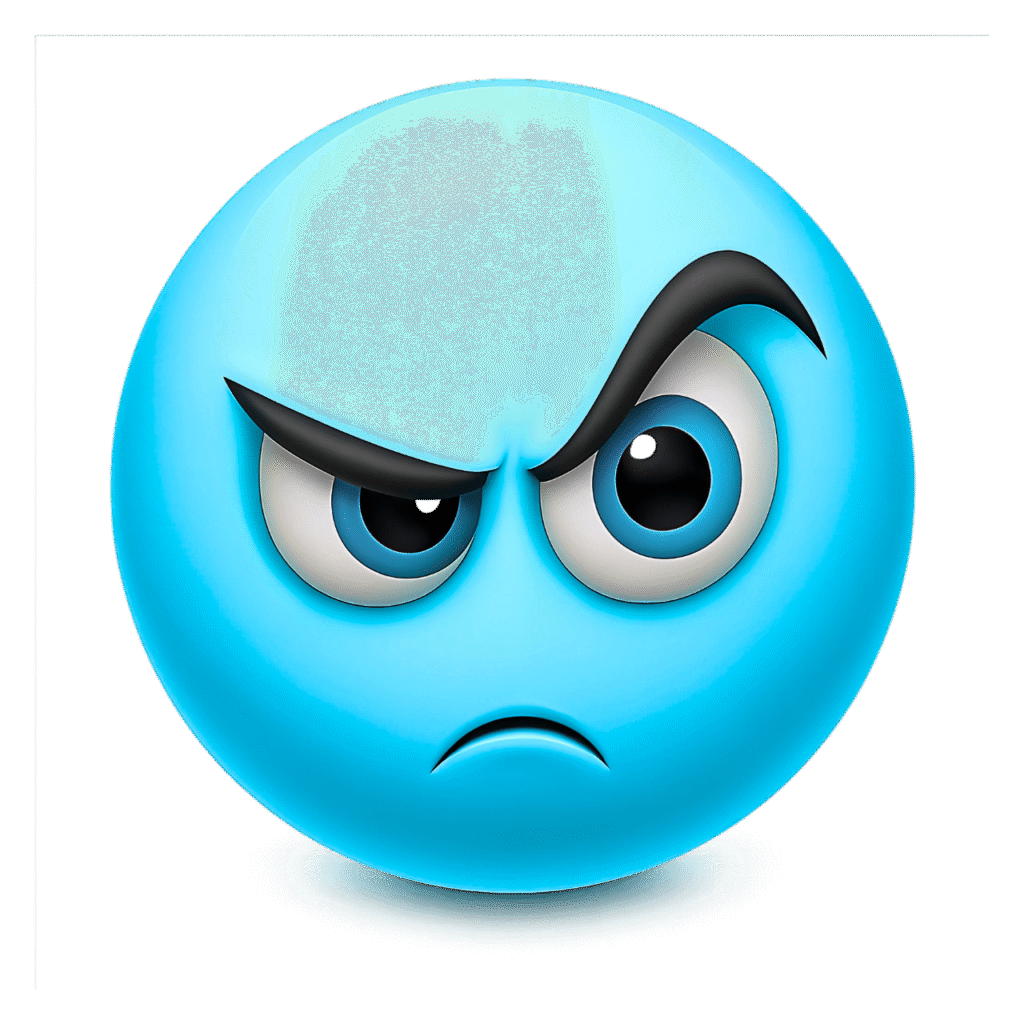 3D blue angry emoji with intense expression, raised eyebrows, and piercing eyes on a transparent background