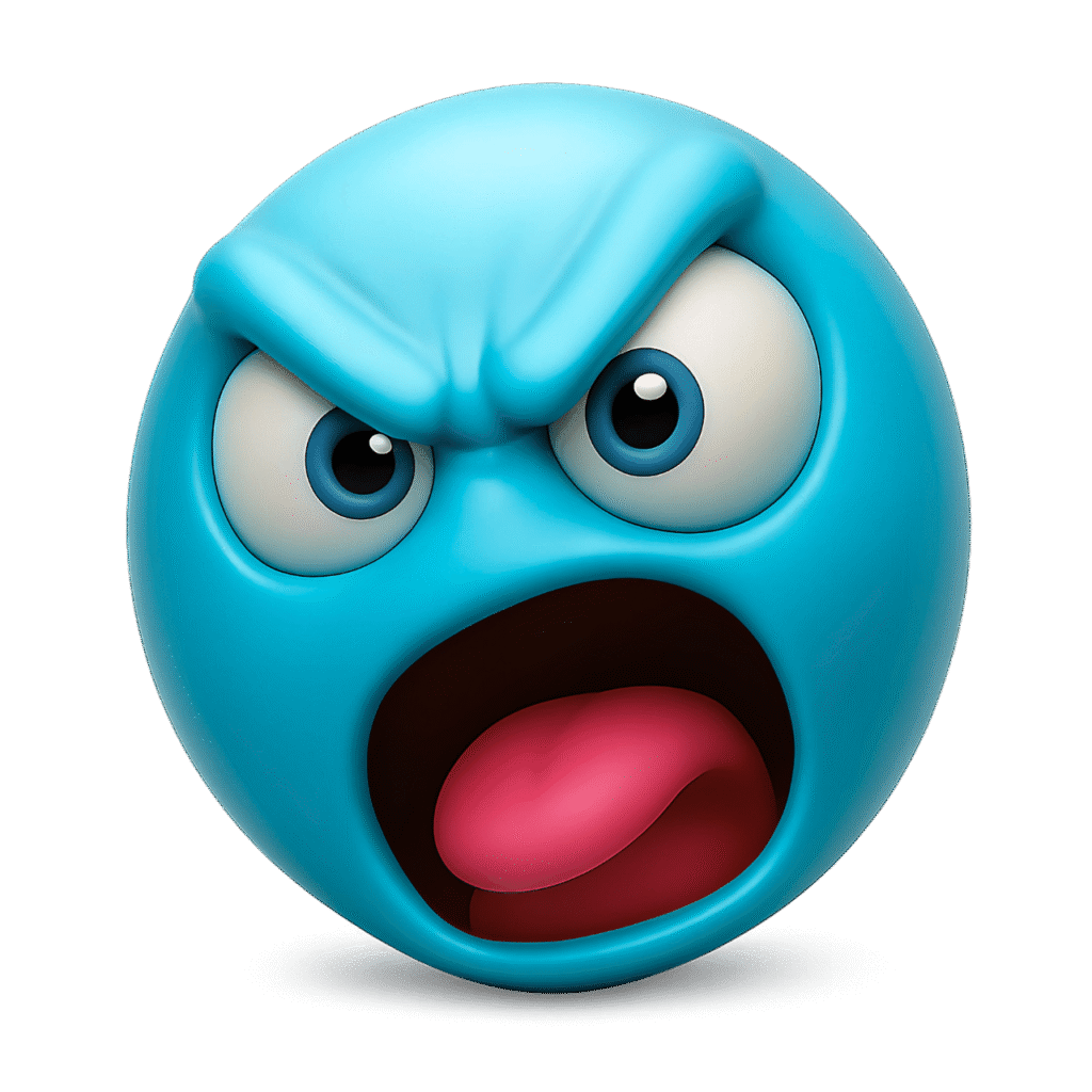 3D blue angry emoji shouting with intense eyes and wide open mouth on transparent background