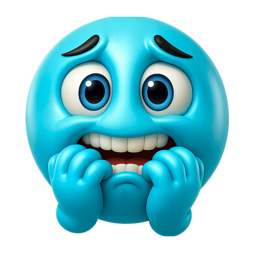 3D blue anxious emoji with wide eyes, raised eyebrows, and nail-biting expression – transparent background PNG cartoon clipart