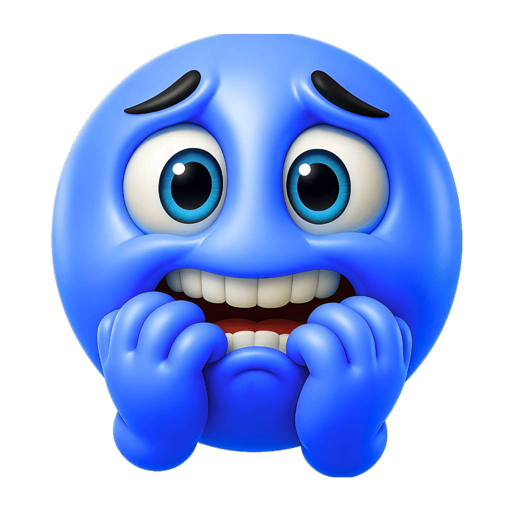 Blue anxious emoji biting nails with scared eyes and worried face expression – transparent PNG ClipArt