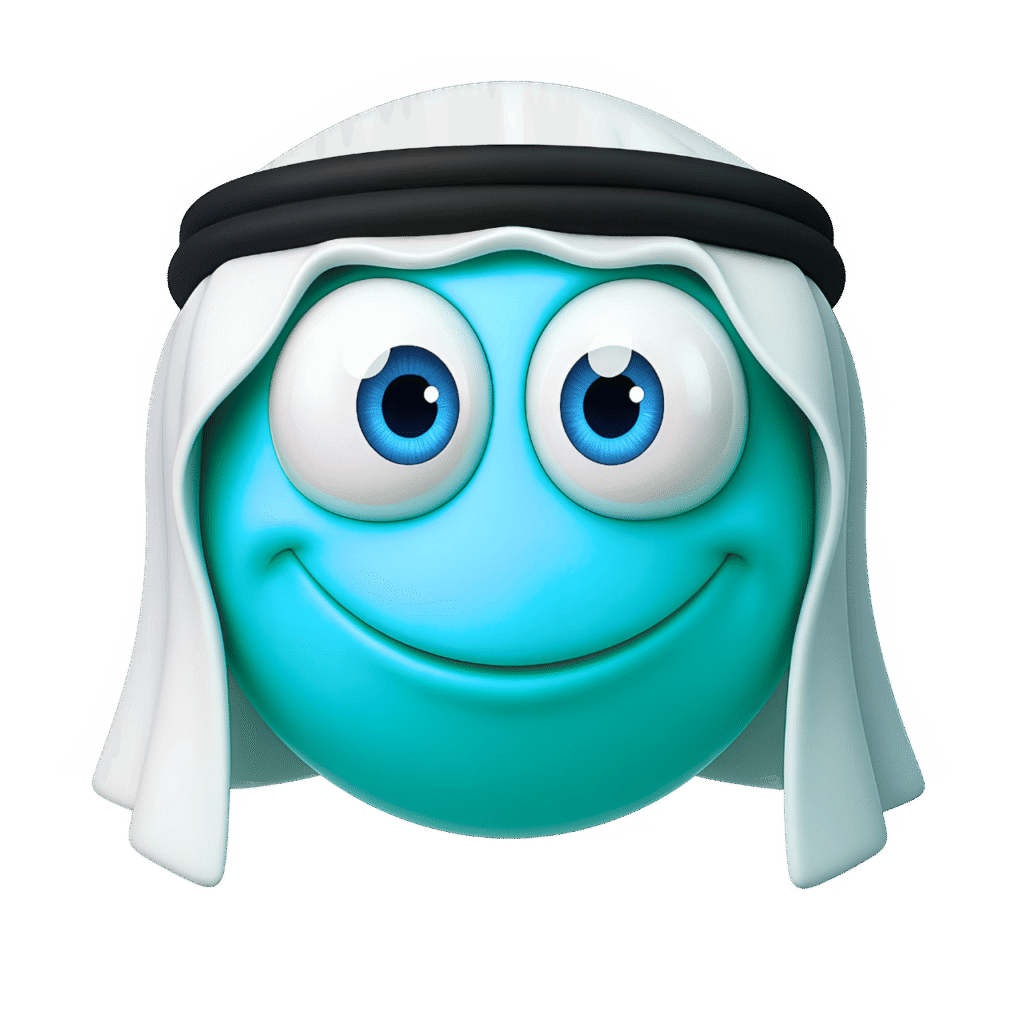 Smiling light blue Arabic emoji face wearing traditional white keffiyeh and black agal on a transparent background