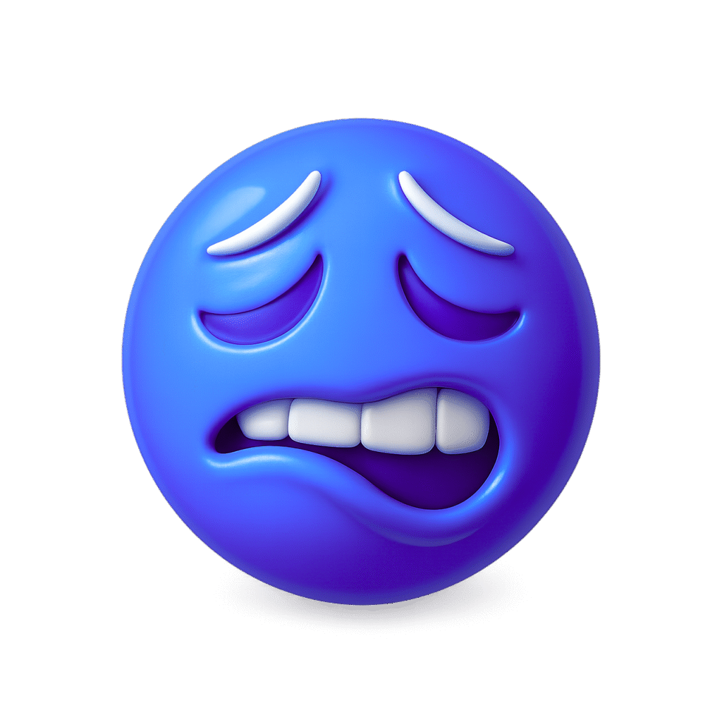 3D blue bite lip emoji showing a nervous and shy expression with glossy finish and white teeth on transparent background