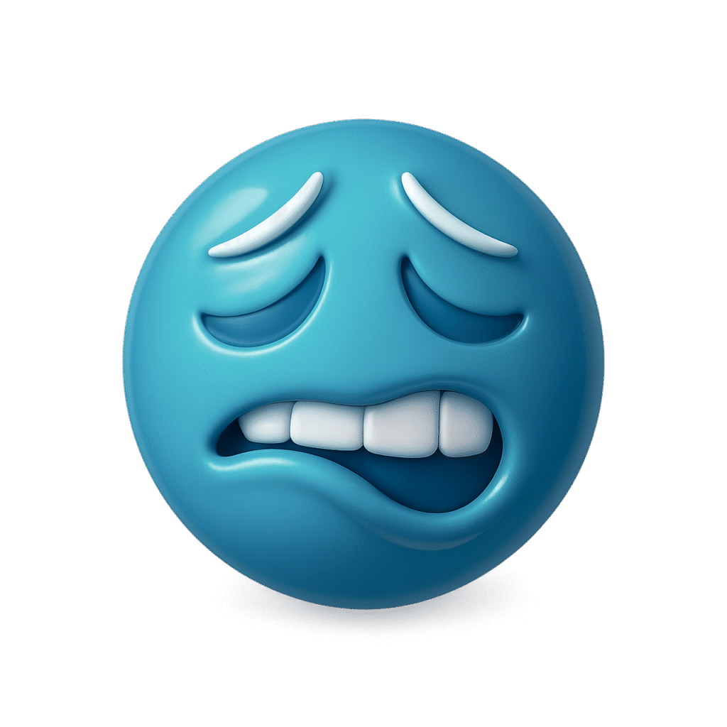 Blue biting lip emoji on a light grey background, conveying worry, discomfort, or shyness.