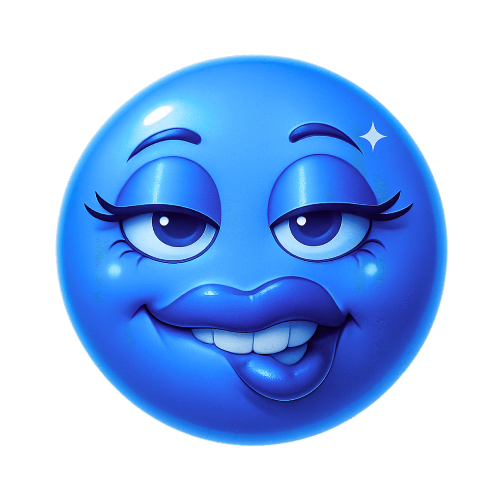 Flirty 3D blue emoji biting lip with seductive eyes and glossy finish, transparent background