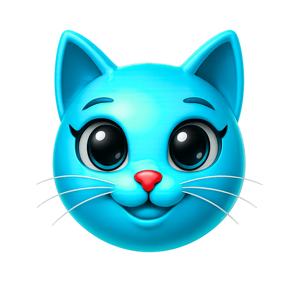 Charming blue cat face emoji with a red nose, large shiny black eyes, and playful whiskers in 3D cartoon style on transparent background