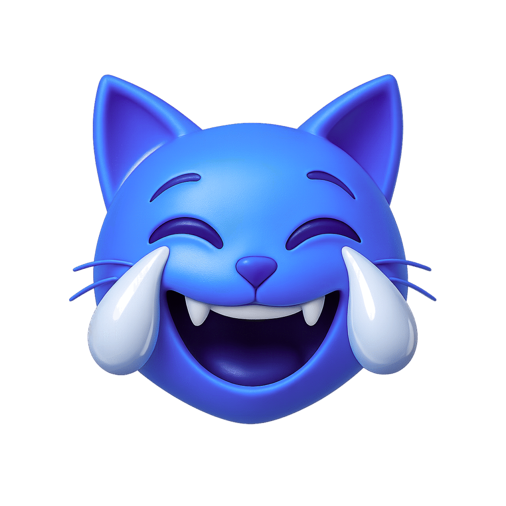 3D blue cat emoji laughing with tears of joy, glossy cute cat face with pointy ears and white shiny tears, transparent background