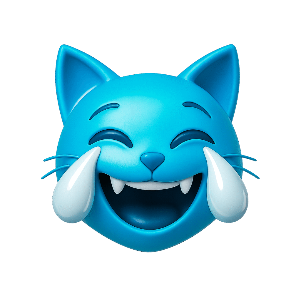 3D blue cat emoji laughing with big glossy tears, cartoon feline face showing joy on a transparent background