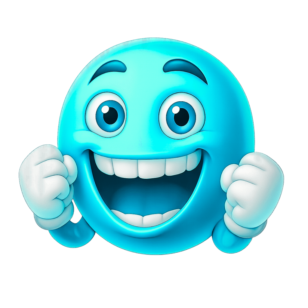 Light Blue 3D Happy Emoji with Big Smile and Raised Fists – Transparent PNG Image