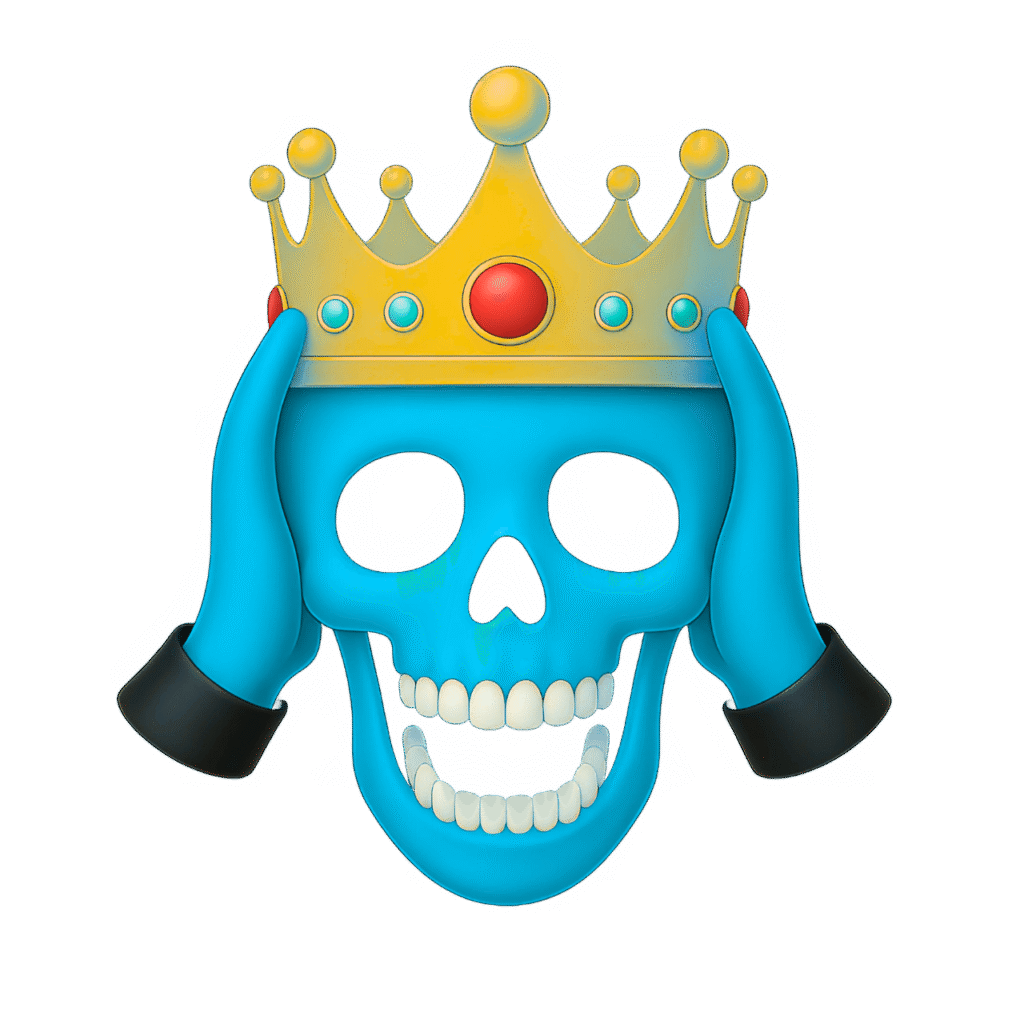 Blue skull emoji with a golden royal crown and gloved blue hands, isolated on a transparent background – high-quality PNG clipart.