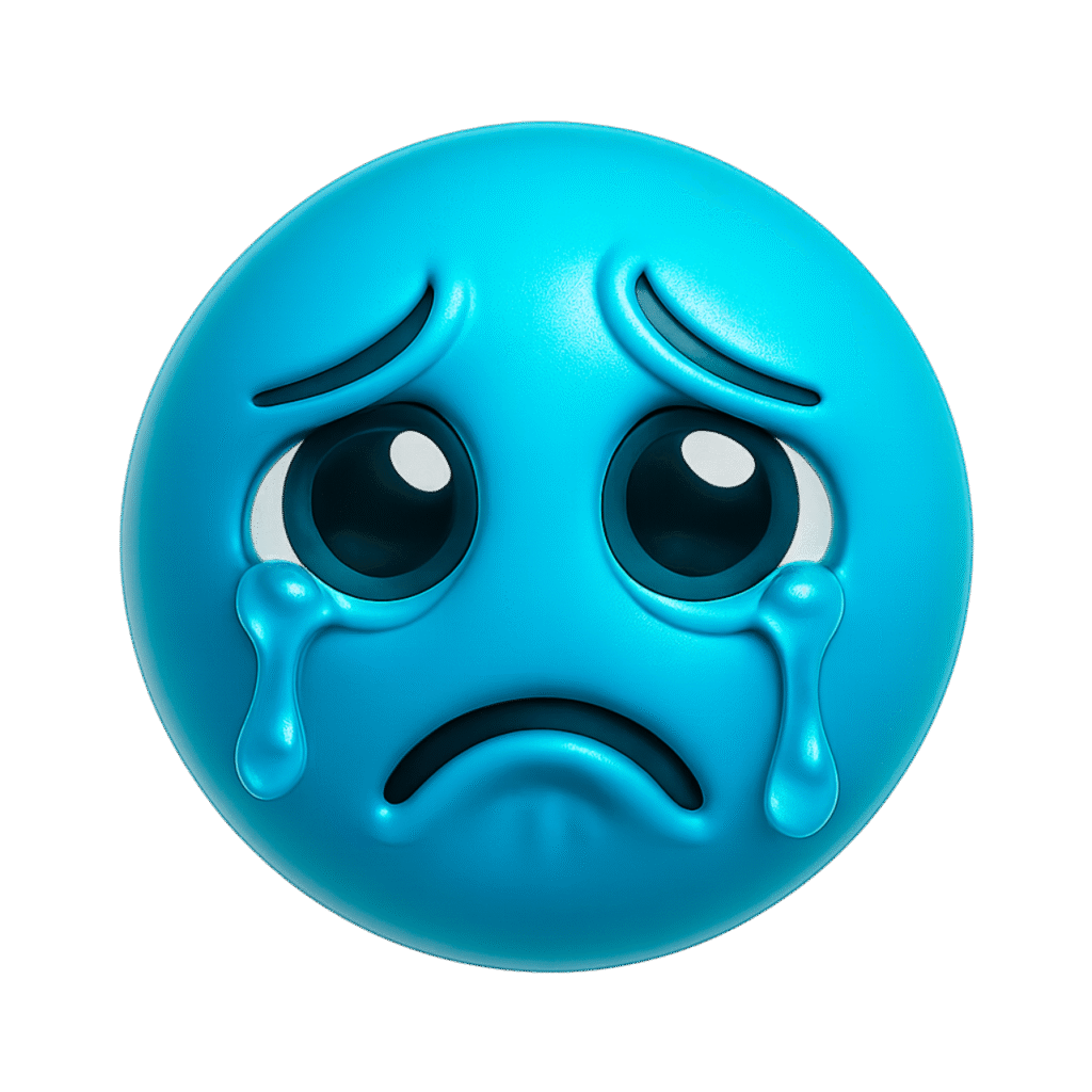 Blue 3D crying emoji with large eyes and flowing teardrops, expressing sadness or emotional breakdown on a transparent background.
