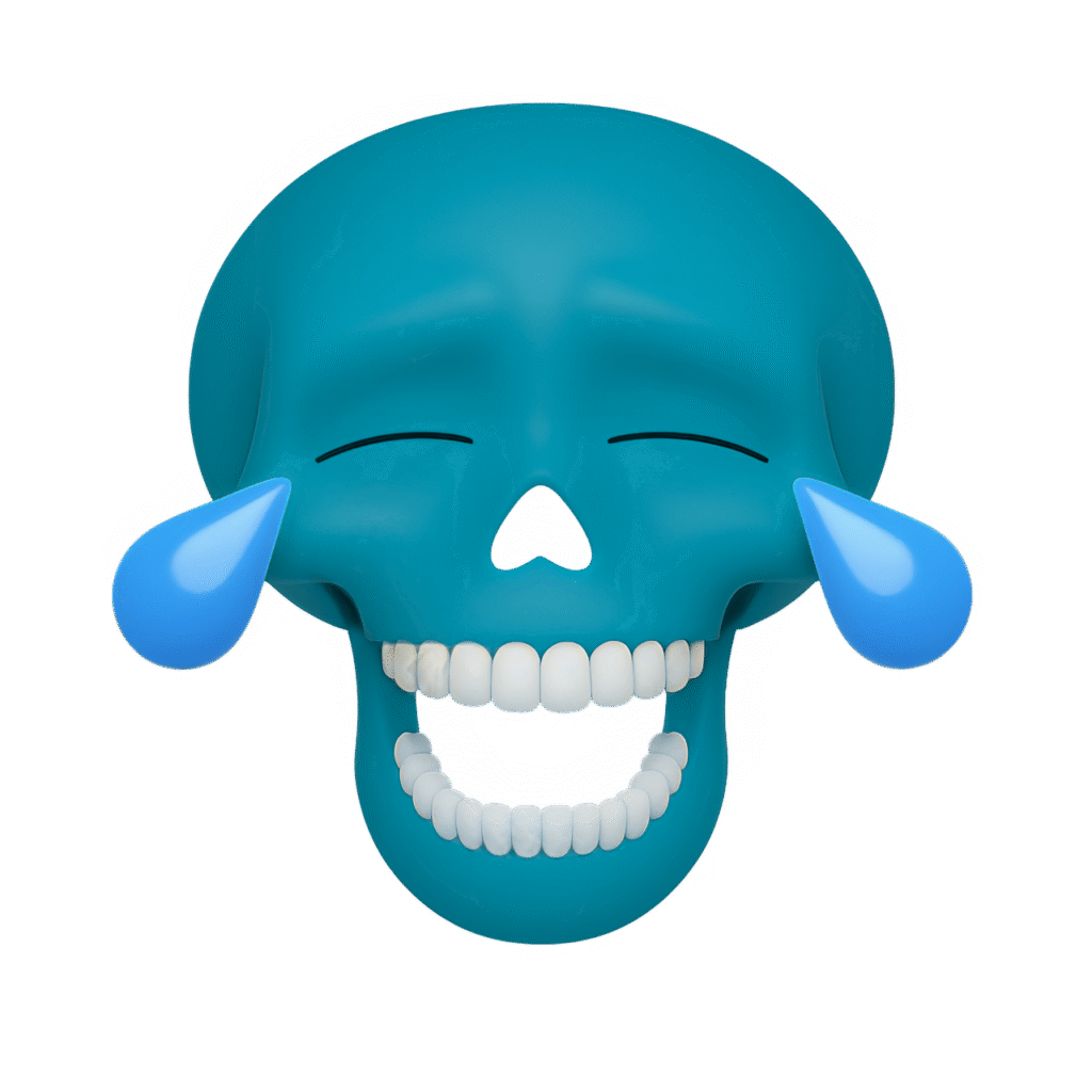 Blue skull emoji with joyful tears, closed eyes, and a wide laughing mouth, on a transparent background for reaction or meme use.