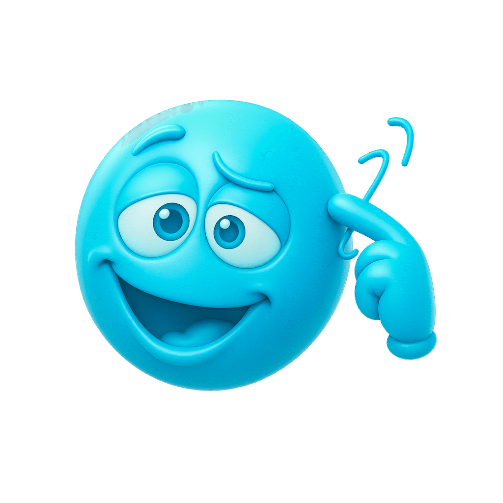 3D blue dumb emoji with tilted head, crossed eyes, goofy smile, and twirling finger gesture on transparent background.