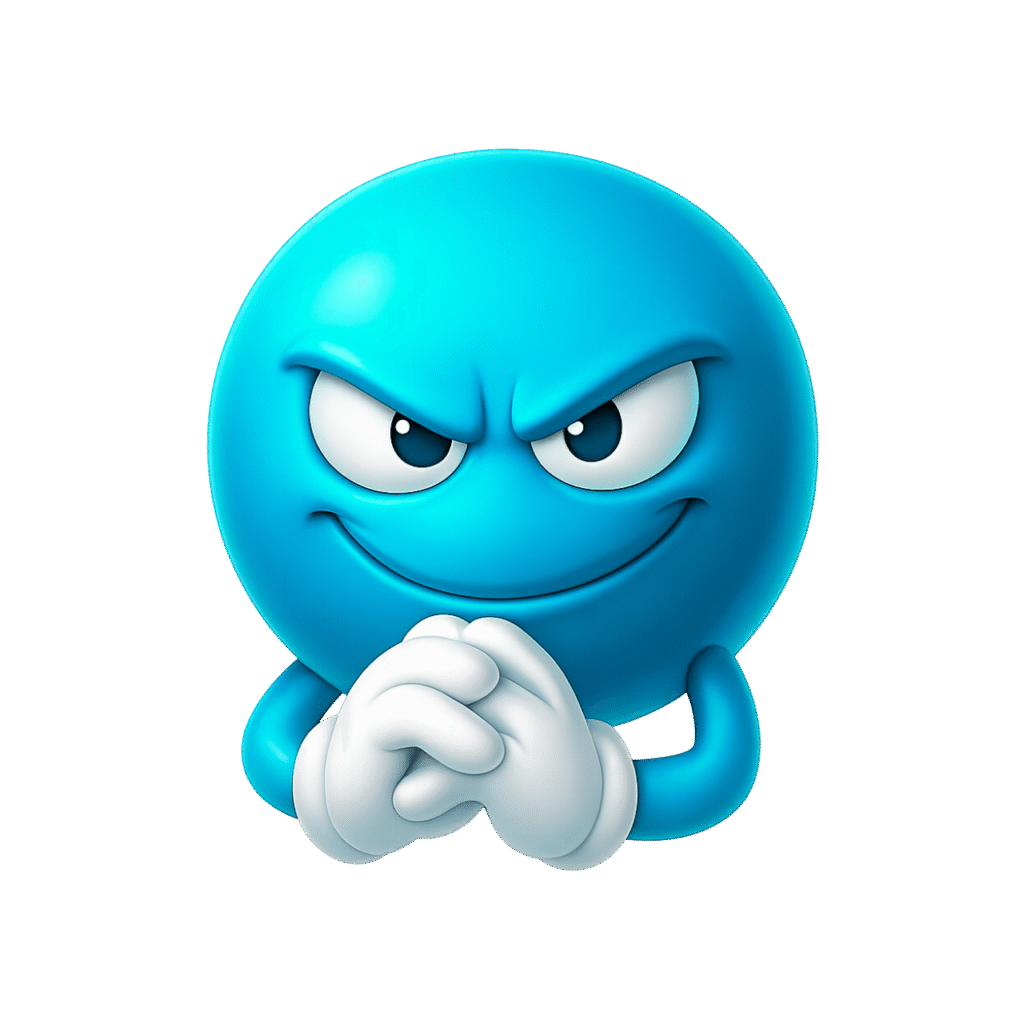 Blue mischievous emoji with evil grin and scheming hand gesture