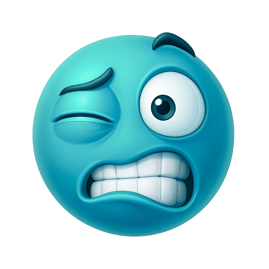 Blue emoji with one eye twitching, wide open other eye, arched brows, and clenched teeth showing awkward or nervous emotion