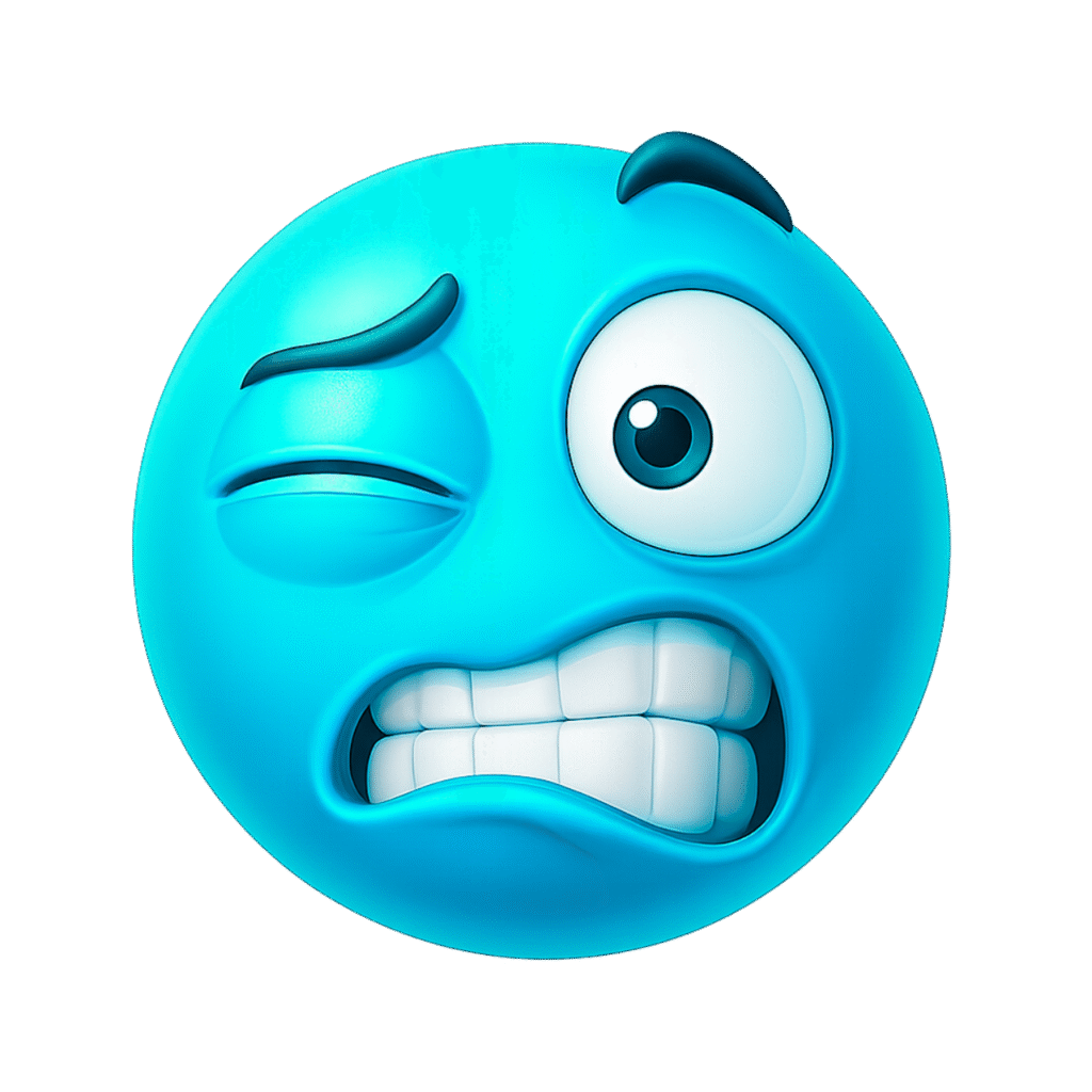 Blue emoji with one eye twitching, other eye wide open, raised eyebrow, and tightly gritted teeth showing a cringe or awkward expression