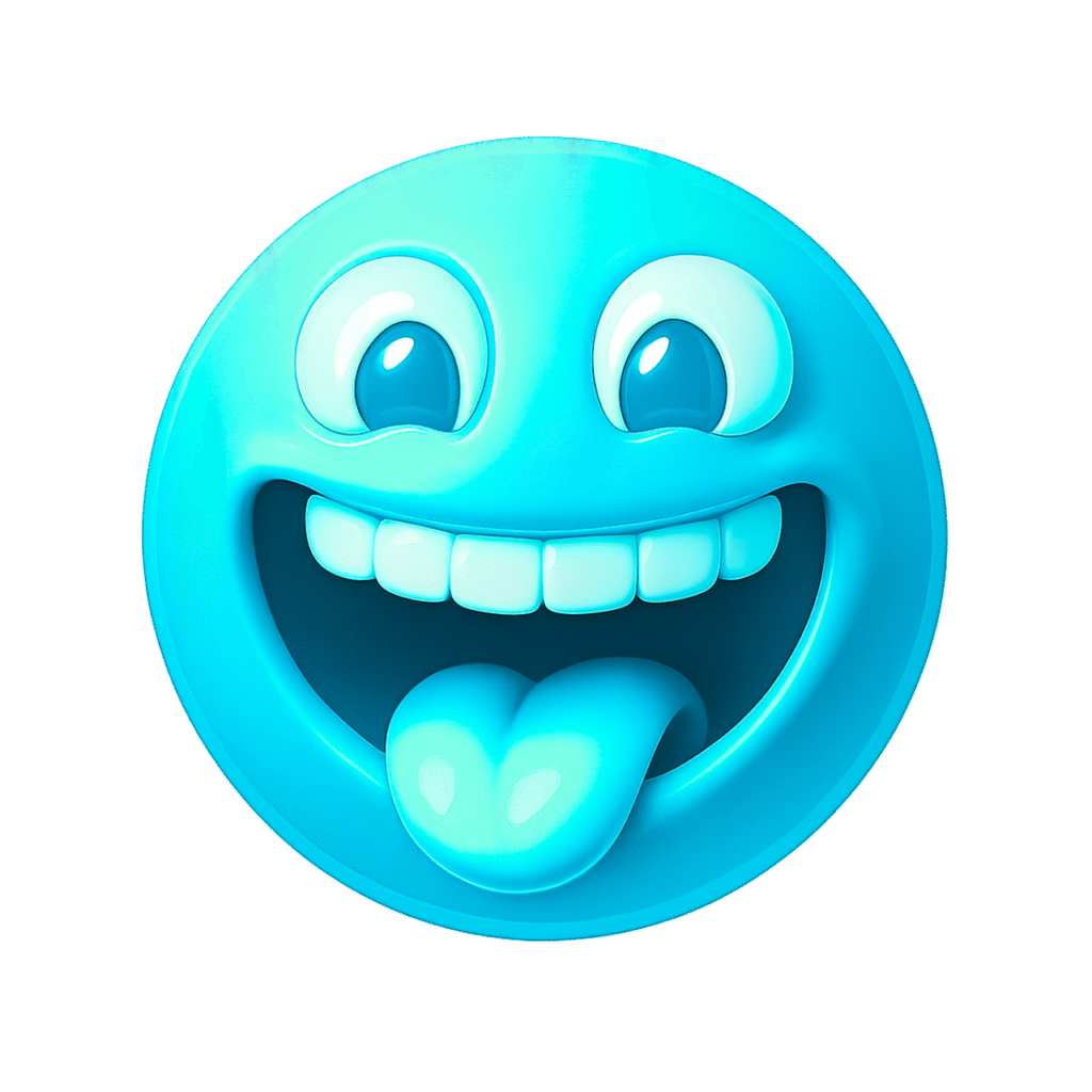 Glossy blue 3D emoji with tongue out, cartoon eyes, shiny teeth, and expressive funny face – transparent background PNG