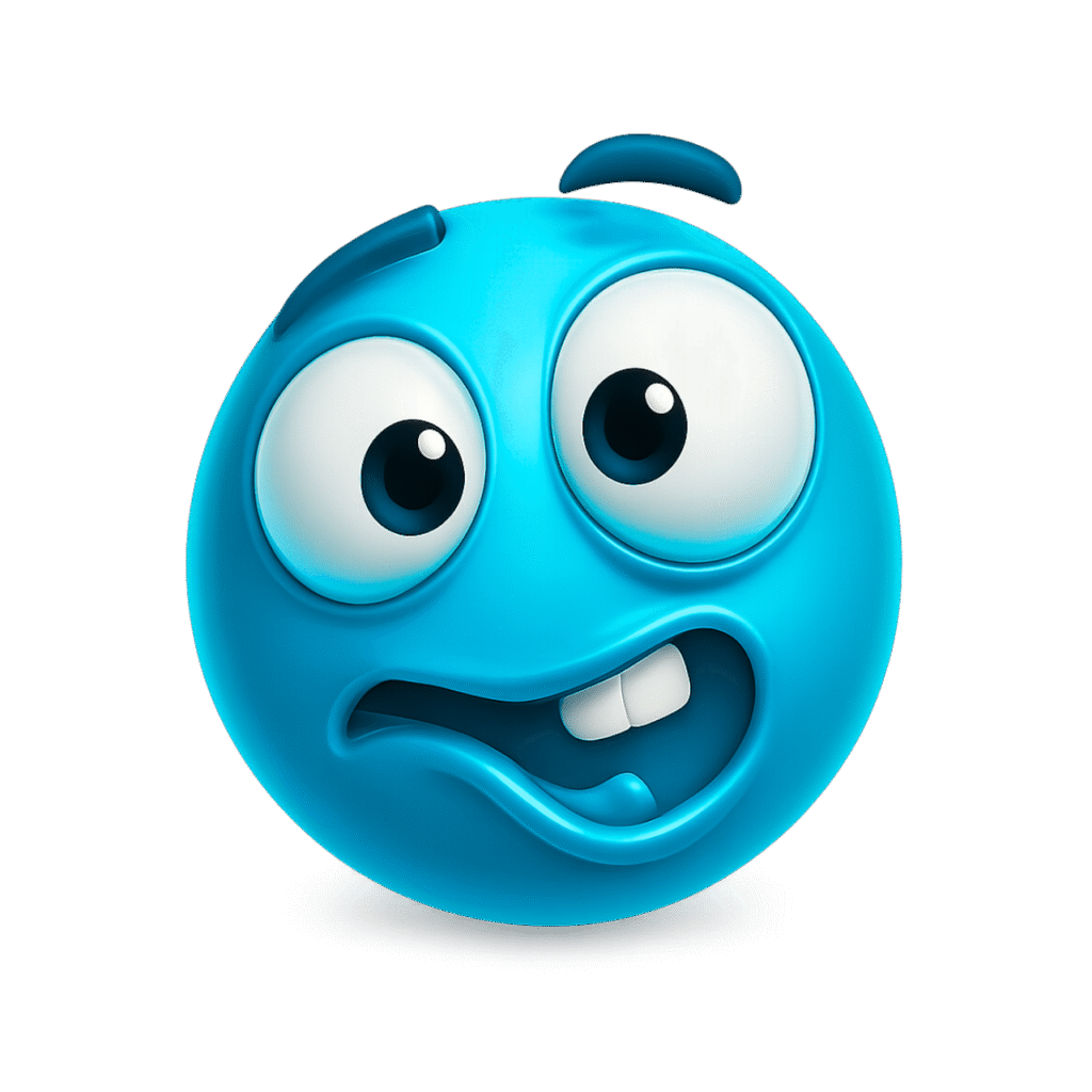 3D blue goofy ahh emoji with bulging cartoon eyes, confused expression, open mouth and crazy look – transparent PNG for fun meme use.