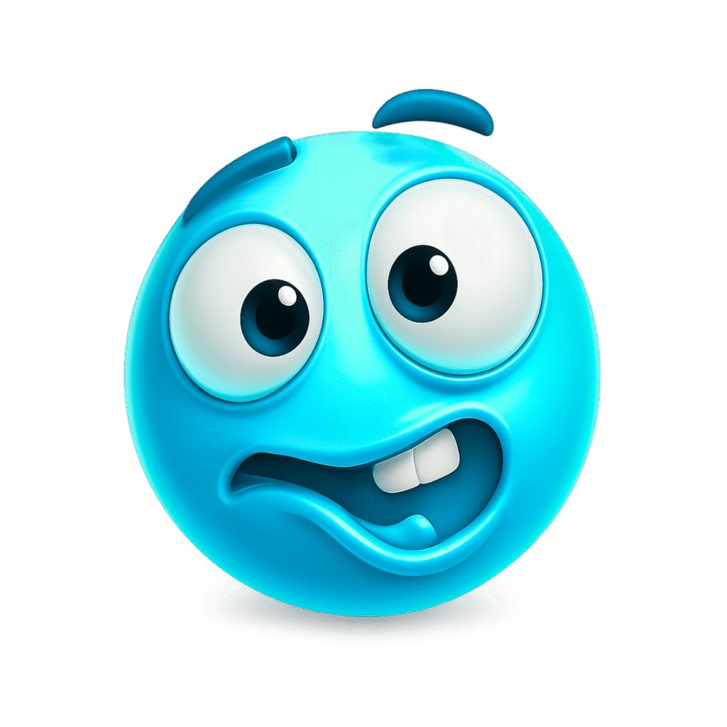 Bright blue 3D goofy ahh emoji with huge cartoon eyes and a twisted awkward smile – transparent PNG for memes, reactions, and troll edits.