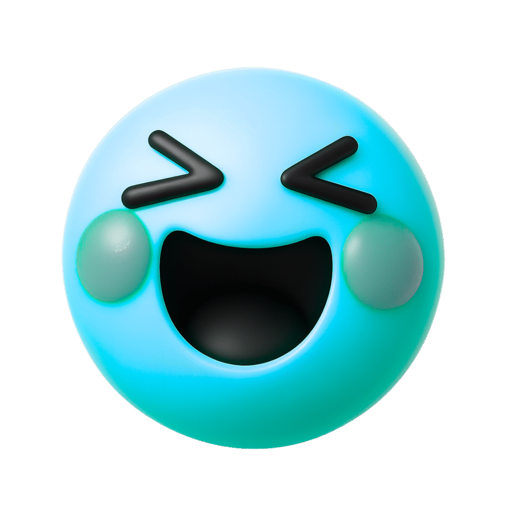 3D blue emoji laughing hard with closed happy eyes, big open mouth, and green blush cheeks on transparent background