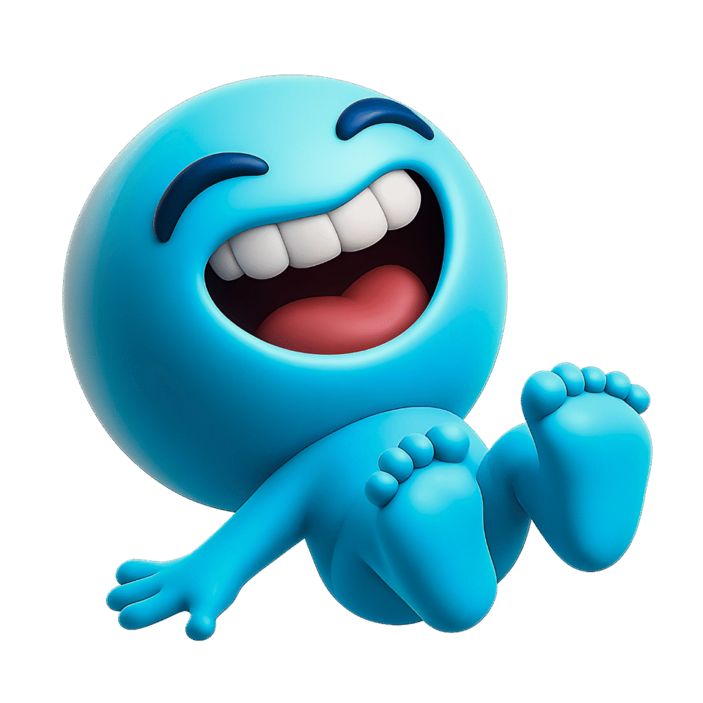 Blue 3D laughing emoji with wide smile and joyful expression, rolling on floor with transparent background