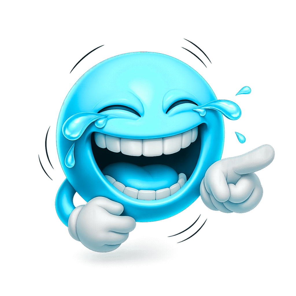 3D blue emoji laughing with tears, pointing finger, smiling face and white gloves on a transparent background