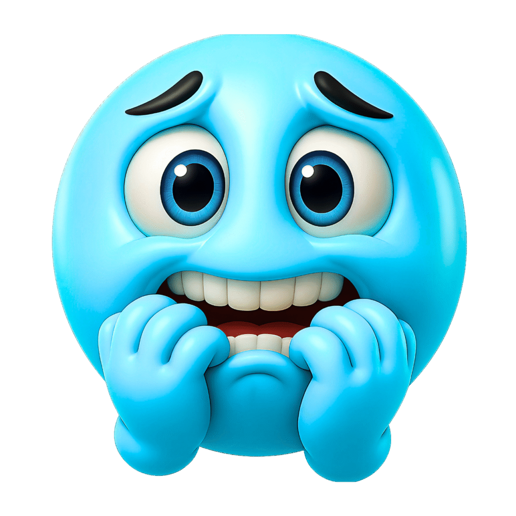 Blue emoji with wide eyes, nervous expression, and clenched hands on face – high-resolution PNG