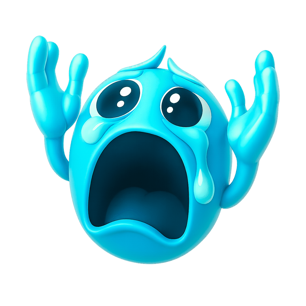 3D blue emoji with teary eyes screaming “Nooo!” in shock, arms raised, mouth wide open on transparent background