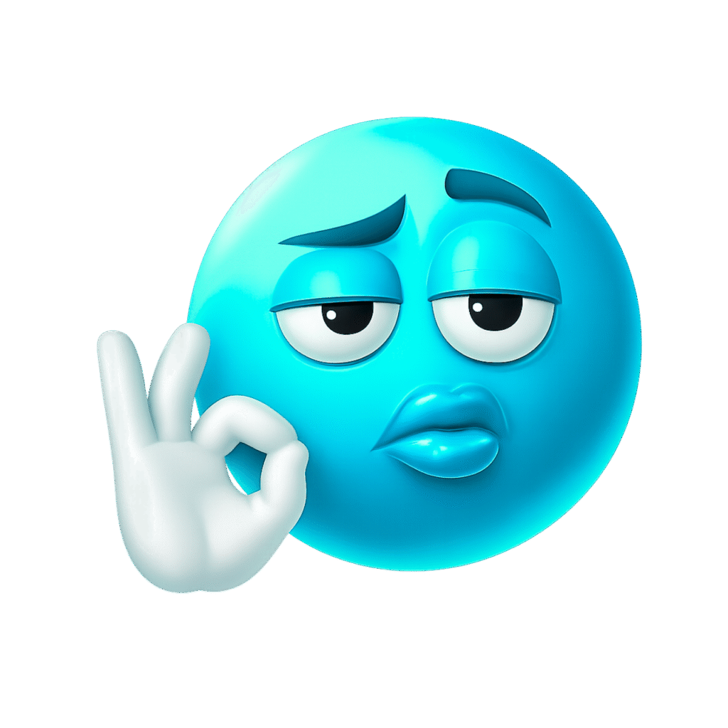 Glossy blue emoji with half-lidded eyes, pouty lips, raised brow, and white OK hand gesture