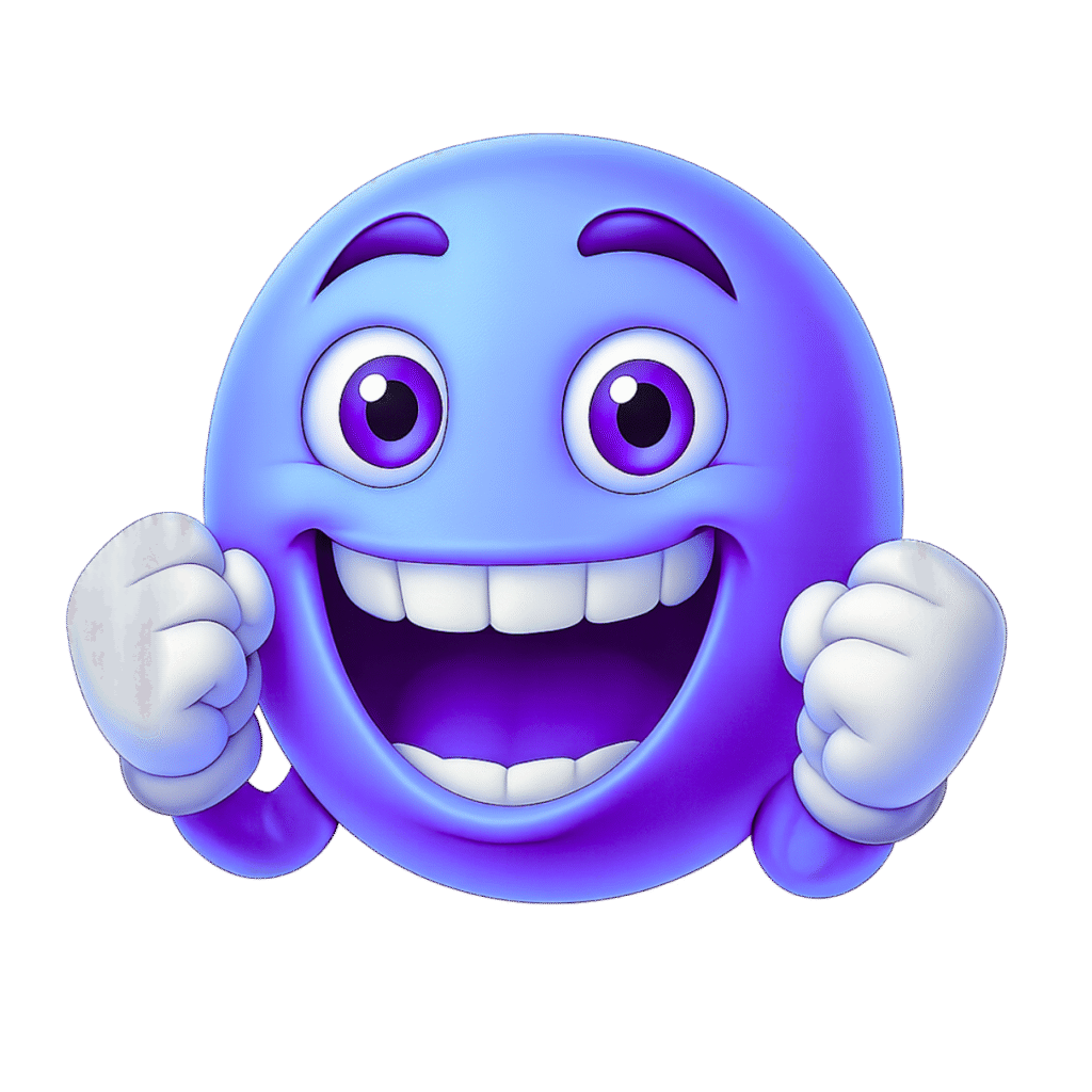 Blue and Purple Gradient Cheering Emoji with Big Smile, White Teeth, and Raised Hands – Transparent 3D PNG