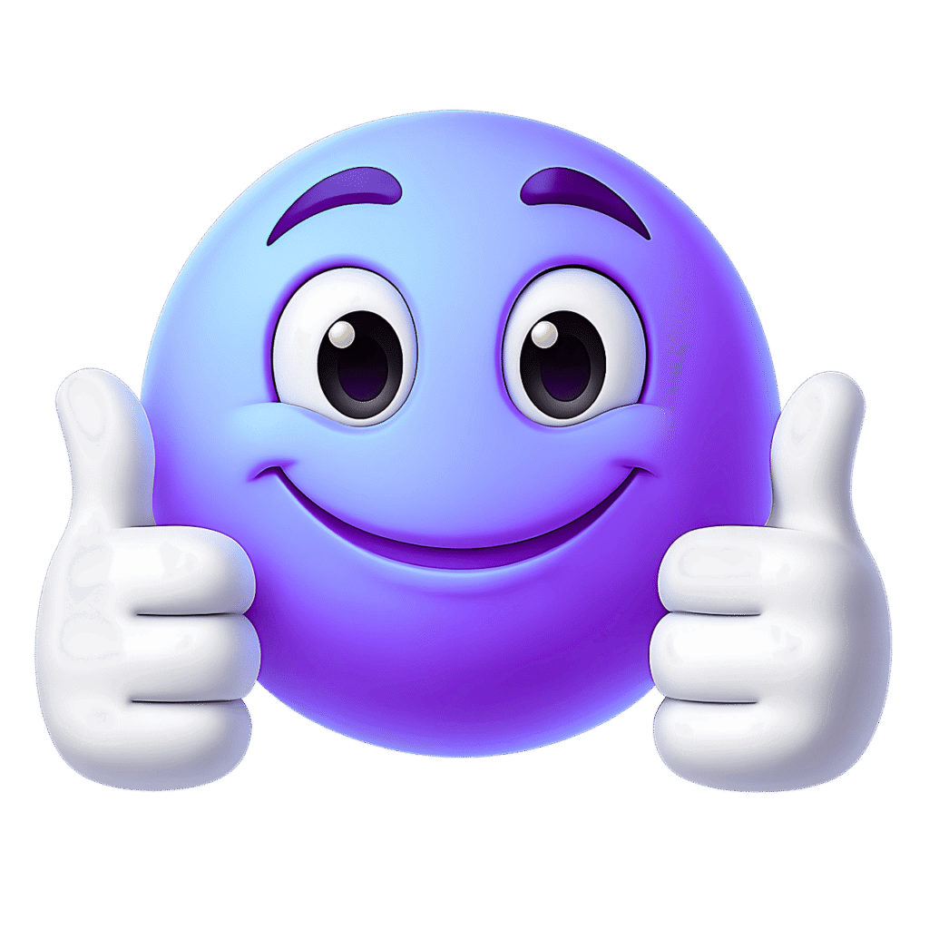 Blue and purple gradient 3D emoji with big eyes and smiling face showing double thumbs up, isolated on transparent background