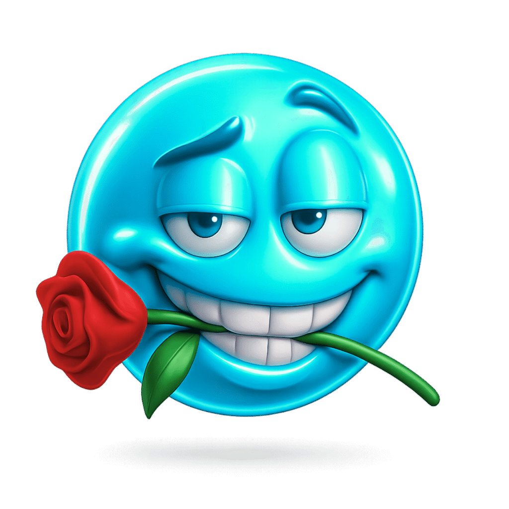 Blue flirty emoji with a seductive expression and red rose in mouth, symbolizing charm and digital romance.