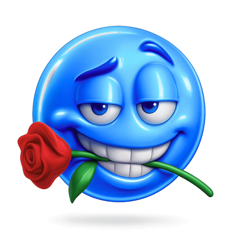 3D blue rizz emoji with seductive eyes and red rose in mouth, transparent background