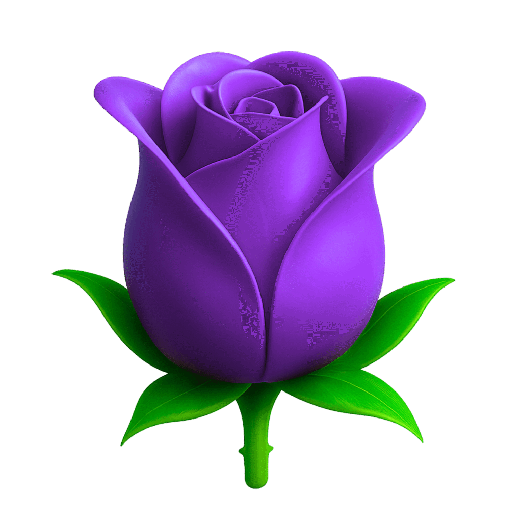 3D blue rose emoji with green stem and leaves – rare flower clipart on transparent background