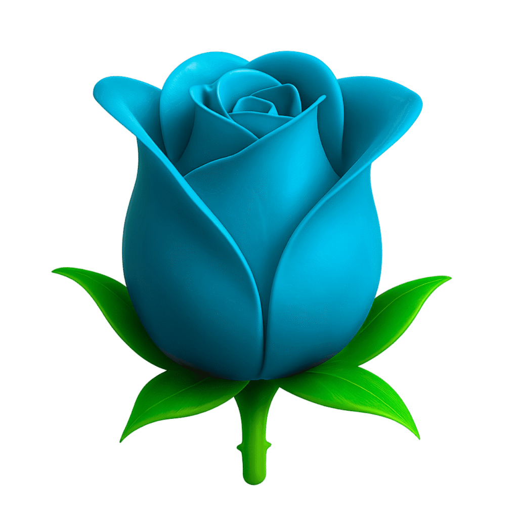 3D blue rose emoji with green leaves – rare digital flower PNG transparent background