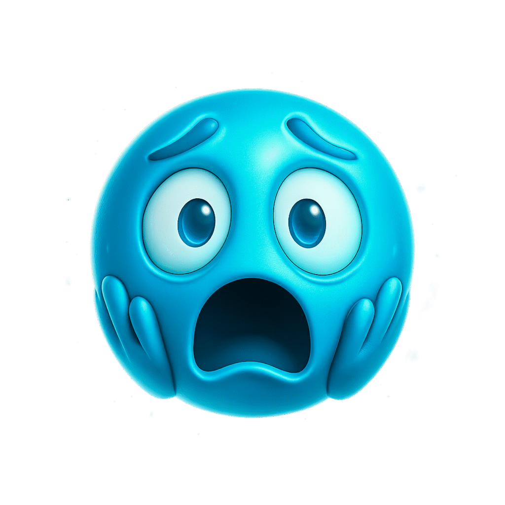 3D blue scared emoji with wide eyes, open mouth, and hands on cheeks expressing intense fear or surprise on a transparent background