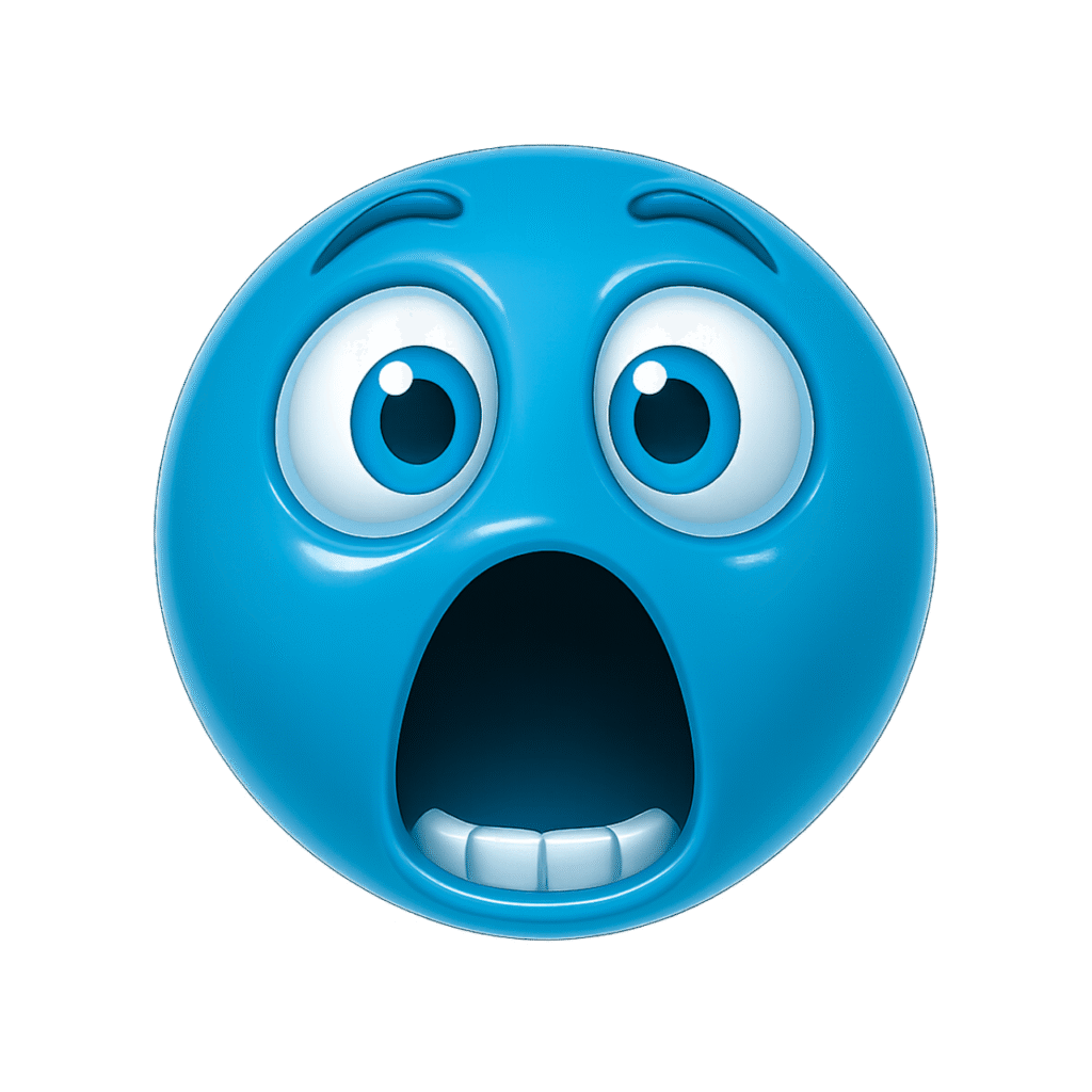Blue shocked emoji face with wide eyes and open mouth showing surprise or disbelief