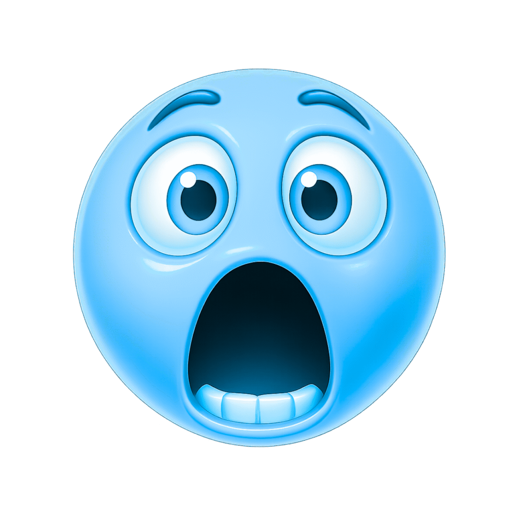 Blue 3D shocked emoji with wide eyes and open mouth on transparent background