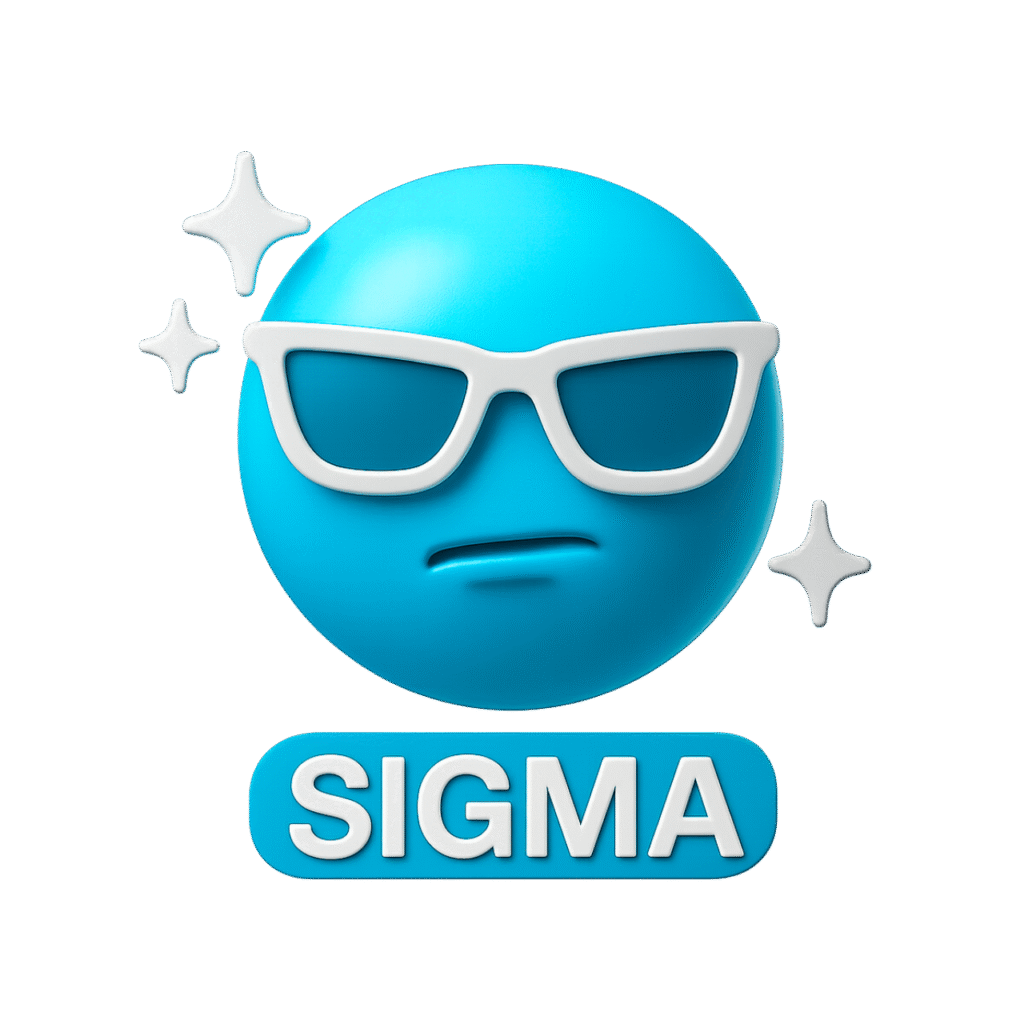 Blue Sigma emoji in 3D with white sunglasses and sparkles, showing confident expression on a transparent background.