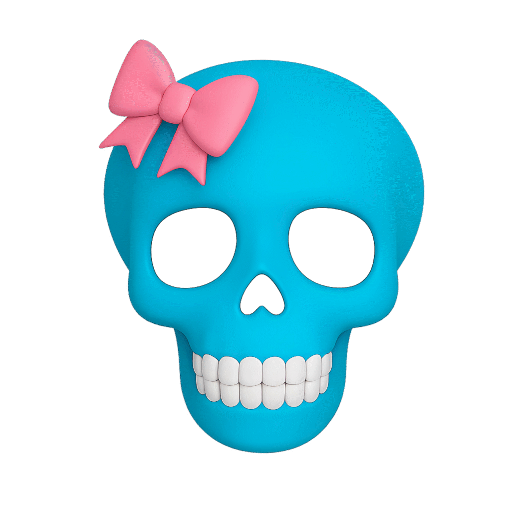 Bright blue skull emoji with a soft pink bow on its head, presented on a transparent background. Ideal for fun, spooky, and aesthetic design projects.