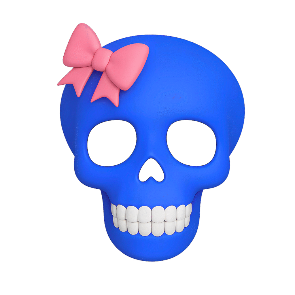 Blue skull emoji with a pink bow on its head, featuring a cute and spooky design on a transparent background, ideal for digital art and stickers.