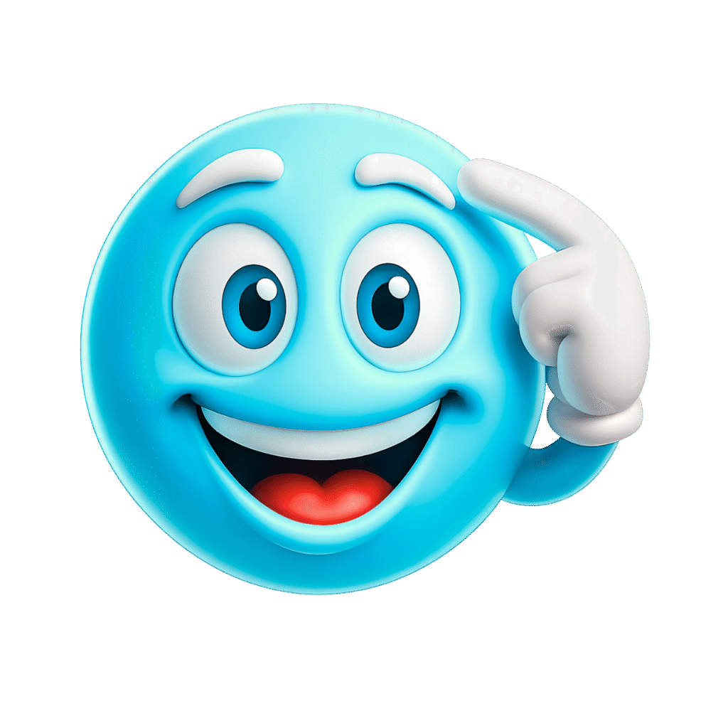Blue smart emoji smiling and pointing to head in a thinking gesture