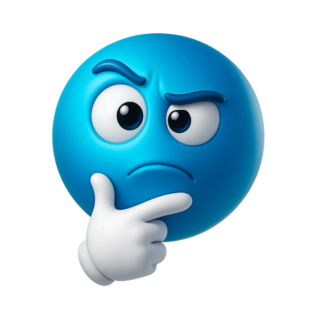 Blue 3D Thinking Emoji with Raised Eyebrows and White Hand on Chin in Confused Pose PNG Clipart